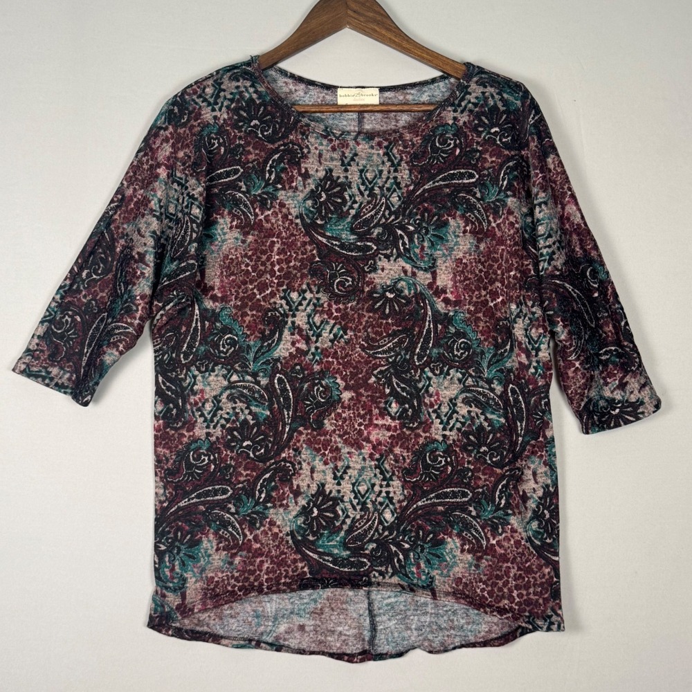 Bobbie Brooks Top Women Small Burgundy Paisley Leopard NWOT 3/4 Sleeve High Low